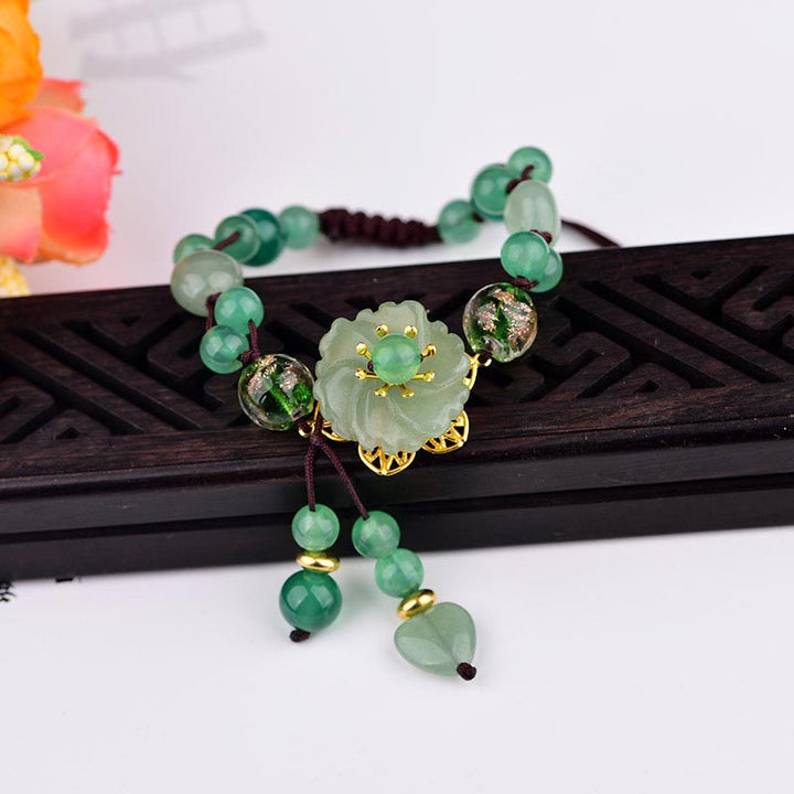 Buddha Stones Natural Green Jade Luck Dangling Flower Bracelet