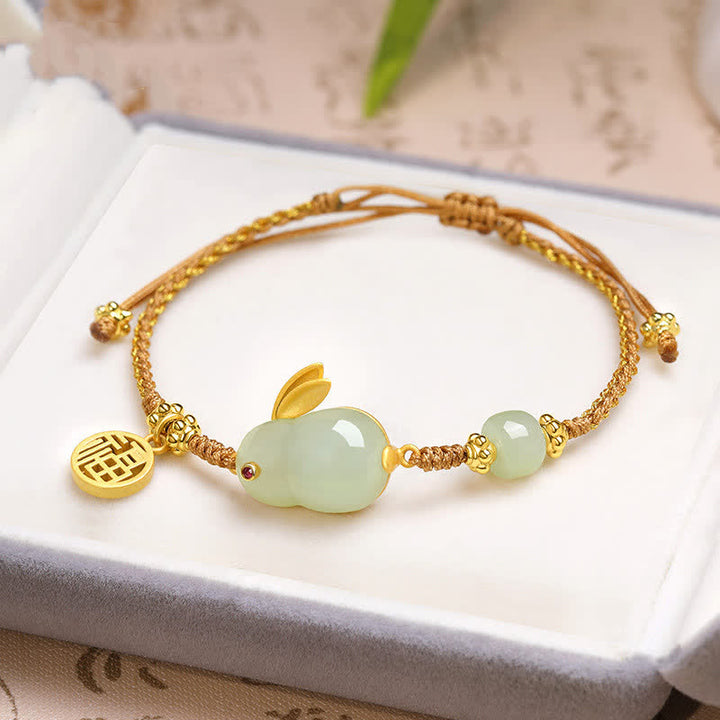 Buddha Stones Year of the Rabbit Hetian Jade Happiness Blessing Wealth String Bracelet