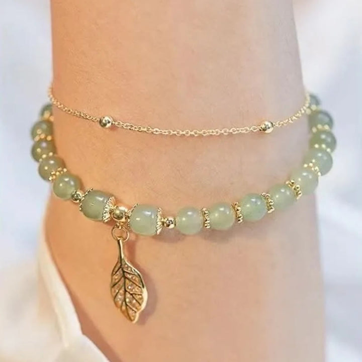 Buddha Stones Jade Leaf Ginkgo Tulip Peanut Fu Character Luck Beaded Bracelet