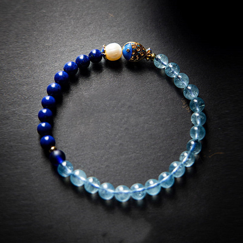 Buddha Stones Natural Aquamarine Lazurite Fish Healing Bracelet