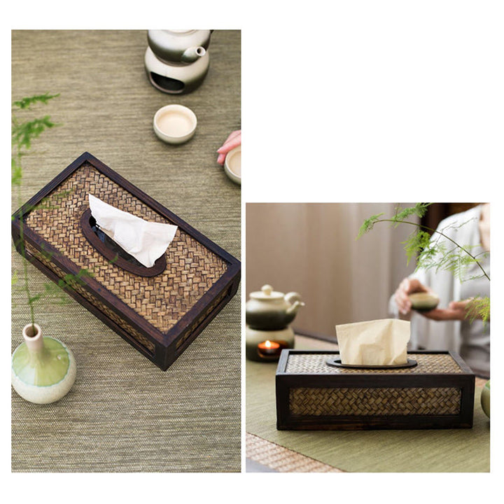 Handmade Bamboo Woven Wood Tissue Box Wooden Tissue Holder Wipes Boxes Decoration