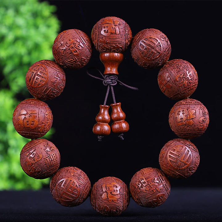 Buddha Stones Chinese Zodiac Rosewood Ebony Boxwood Copper Coin PiXiu Carved Warmth Bracelet