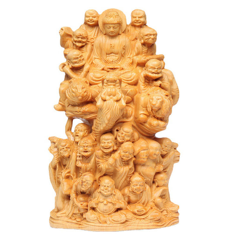 Buddha Stones Handmade Thuja Sutchuenensis Wood Eighteen Arhats Statue Purify Decoration