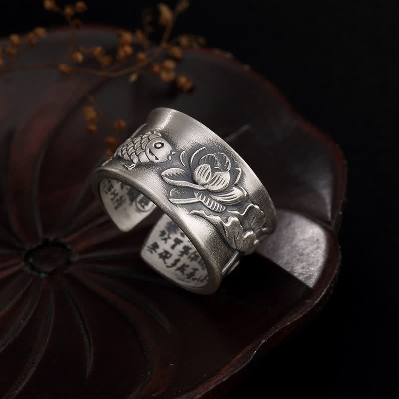 999 Sterling Silver Luck Koi Fish Lotus Heart Sutra Wealth Ring