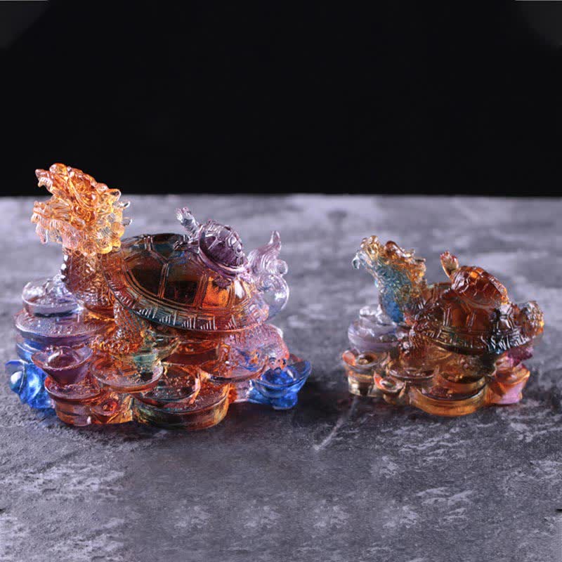 Buddha Stones Feng Shui Dragon Turtle Coins Handmade Liuli Crystal Luck Art Piece Home Office Decoration