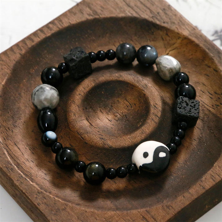 Buddha Stones Black Onyx Picasso Jasper Bead Yin Yang Fortune Protection Bracelet