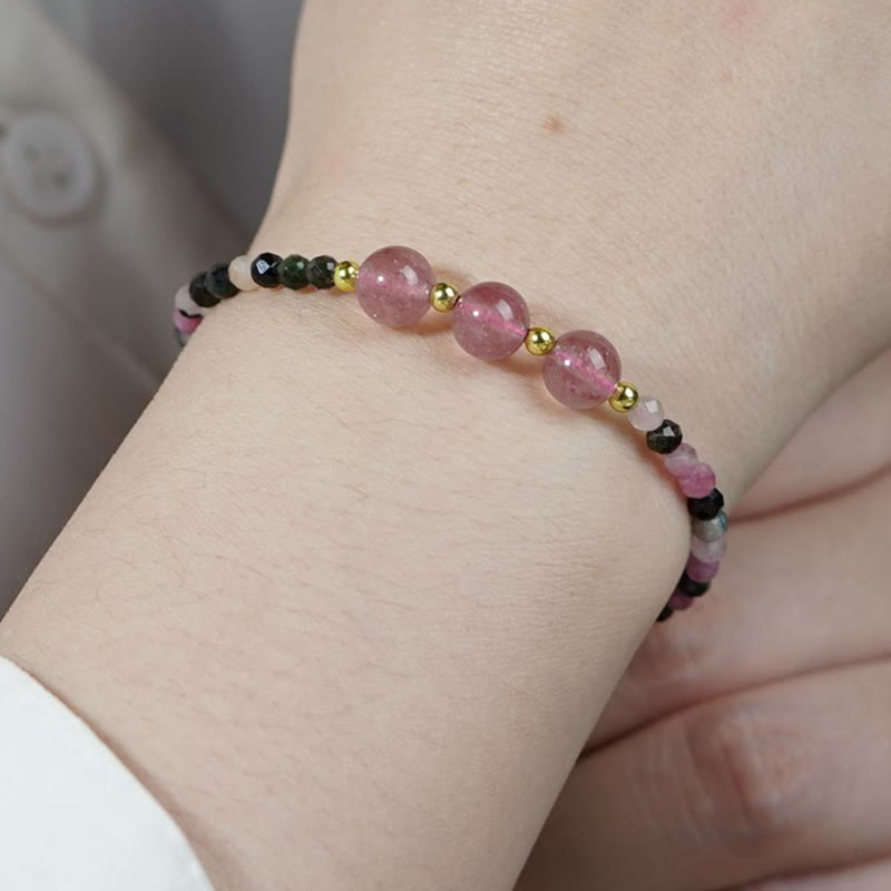 Buddha Stones Natural Colorful Tourmaline Strawberry Quartz Bead Positive Love Bracelet