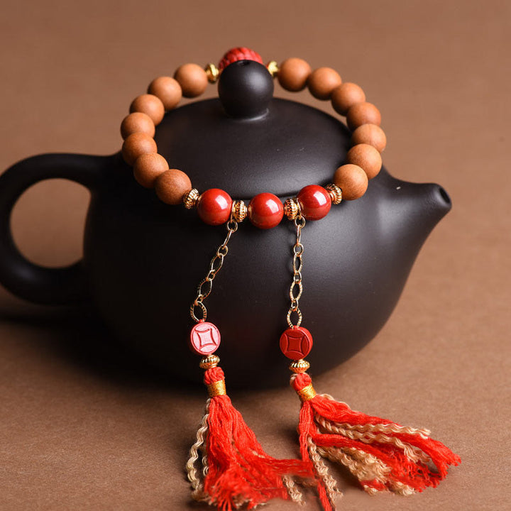 Buddha Stones Tibetan Natural Peach Wood Cinnabar PiXiu Wealth Tassels Bracelet