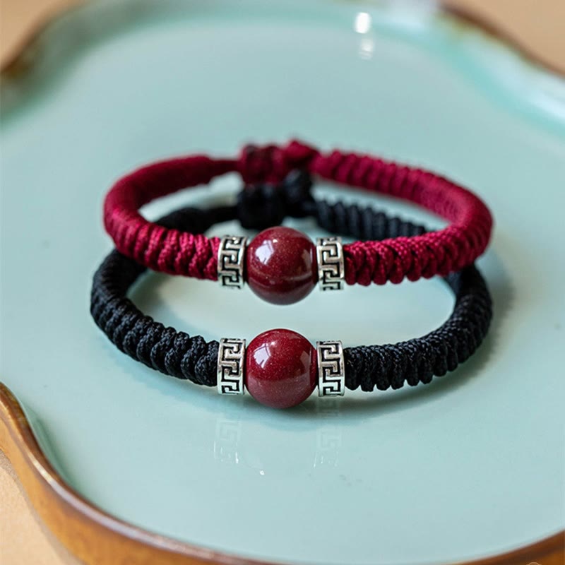 Buddha Stones 925 Sterling Silver Natural Cinnabar Bead Calm Handmade Braided String Bracelet