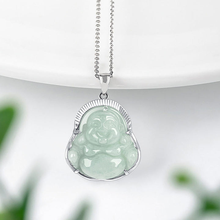 Buddha Stones 925 Sterling Silver Laughing Buddha Jade Luck Calm Necklace Chain Pendant