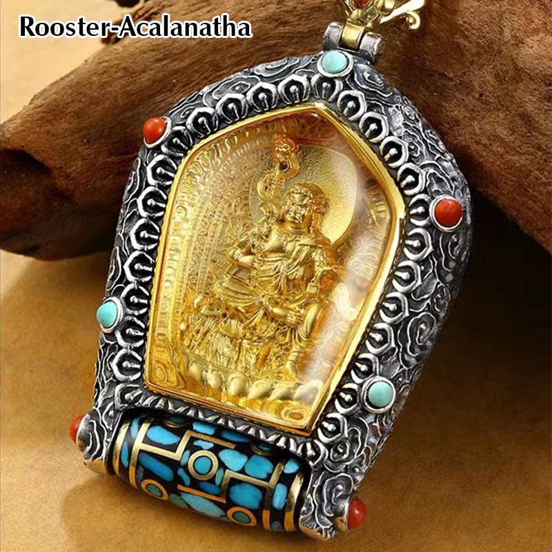 Tibet Chinese Zodiac Natal Buddha Thangka Prosperity Rotatable Dzi Bead Necklace Pendant