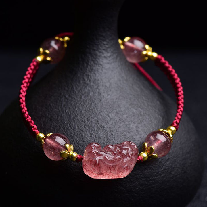 Buddha Stones Natural Strawberry Crystal Pixiu Charm Lucky Red String Bracelet