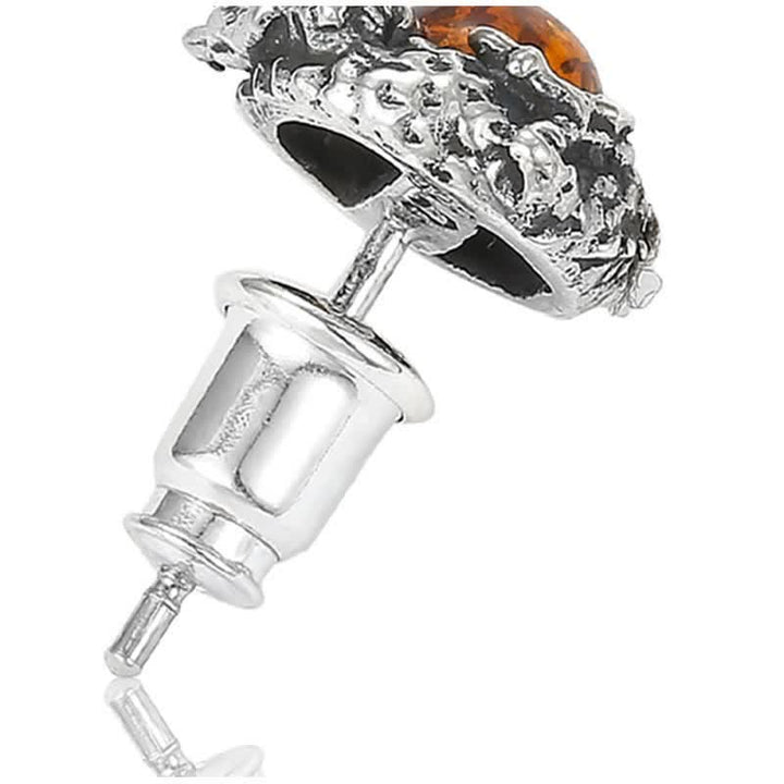 925 Sterling Silver Natural Amber Dragon Success Protection Stud Earring