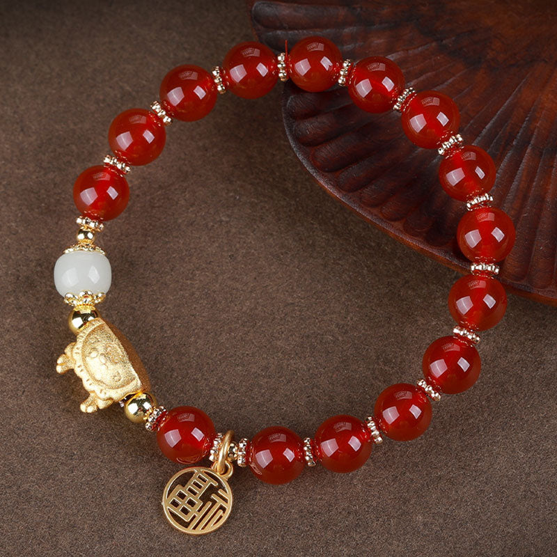 Buddha Stones Year Of The Dragon Red Agate Gray Agate Dumpling Luck Fu Character Bracelet