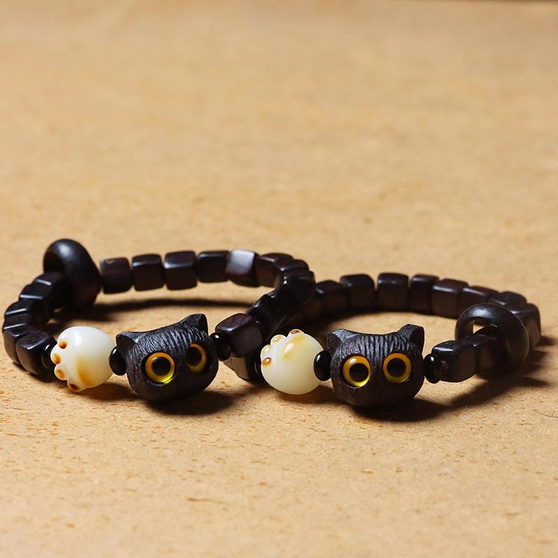 Buddha Stones Ebony Wood Cute Cat Bodhi Seed Paw Claw Square Beads Calm Bracelet