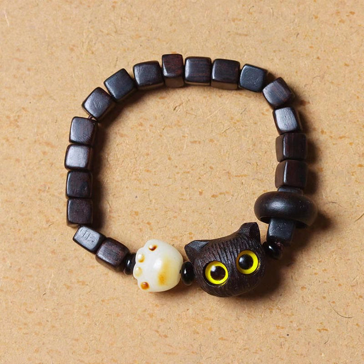 Buddha Stones Ebony Wood Cute Cat Bodhi Seed Paw Claw Square Beads Calm Bracelet