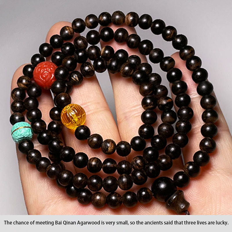 Buddha Stones Nha Trang Bai Qinan Agarwood Turquoise Amber Red Agate Strength Meditation Bracelet