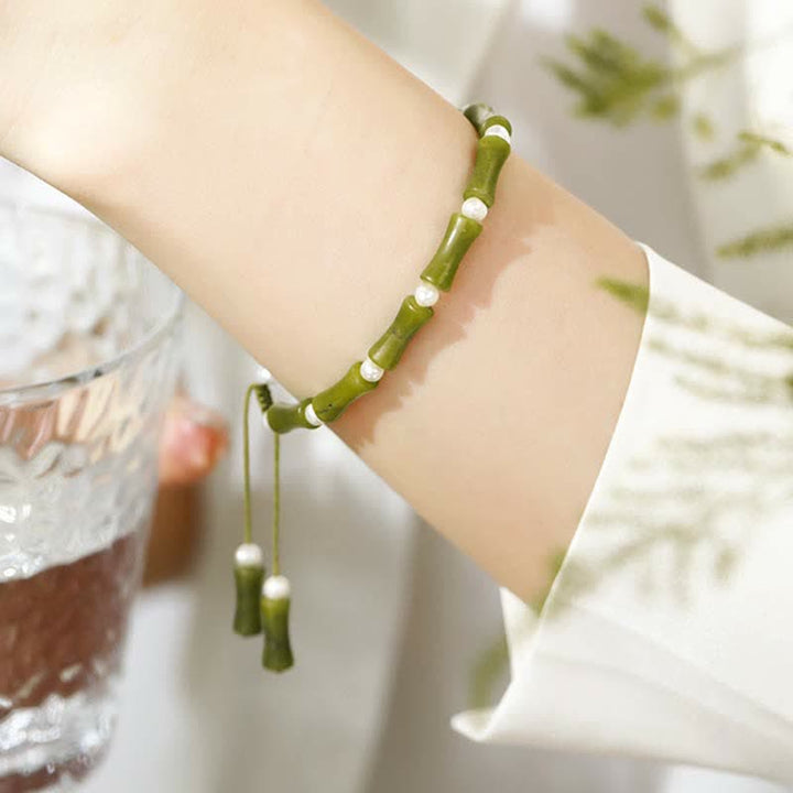 Buddha Stones Natural Peridot Bamboo Pattern Love Peace Bracelet