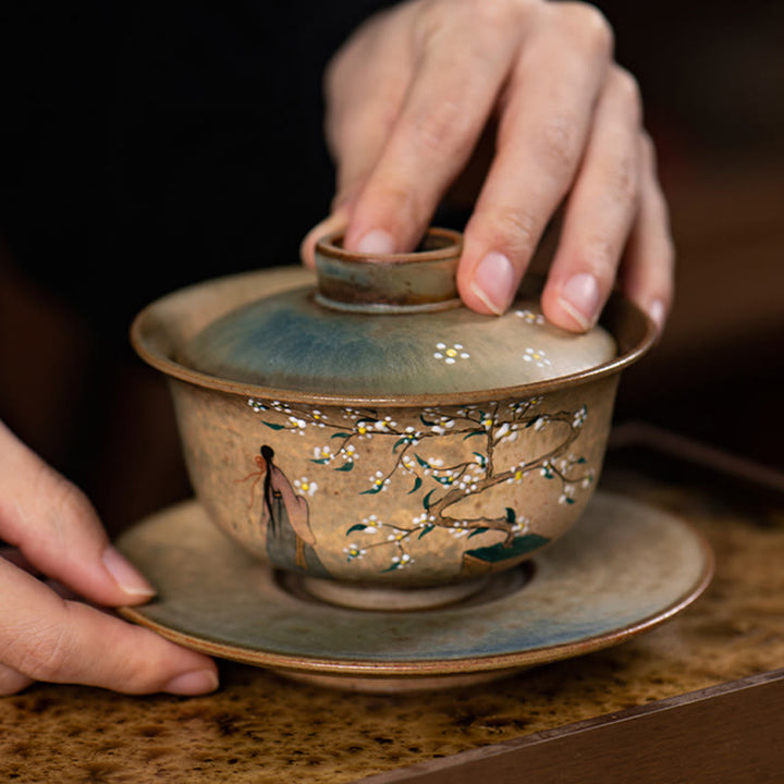 Buddha Stones Jingdezhen Hand Painted Ru Kiln Porcelain Hanfu Girl Flower Ceramic Gaiwan Sancai Teacup Kung Fu Tea Cup And Saucer With Lid