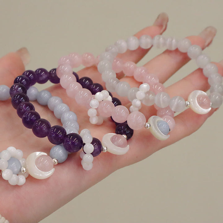 Buddha Stones 925 Sterling Silver Natural Amethyst Aquamarine Pink Crystal Cat's Eye Healing Crescent Moon Bracelet