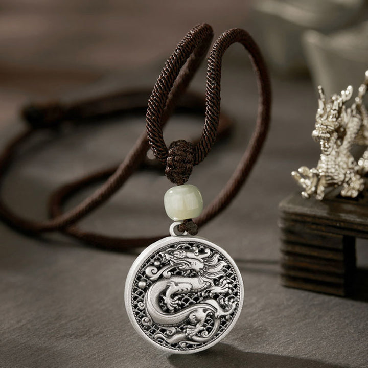 Buddha Stones 999 Sterling Silver Year of the Dragon Fu Character Hetian Jade Success Necklace Pendant