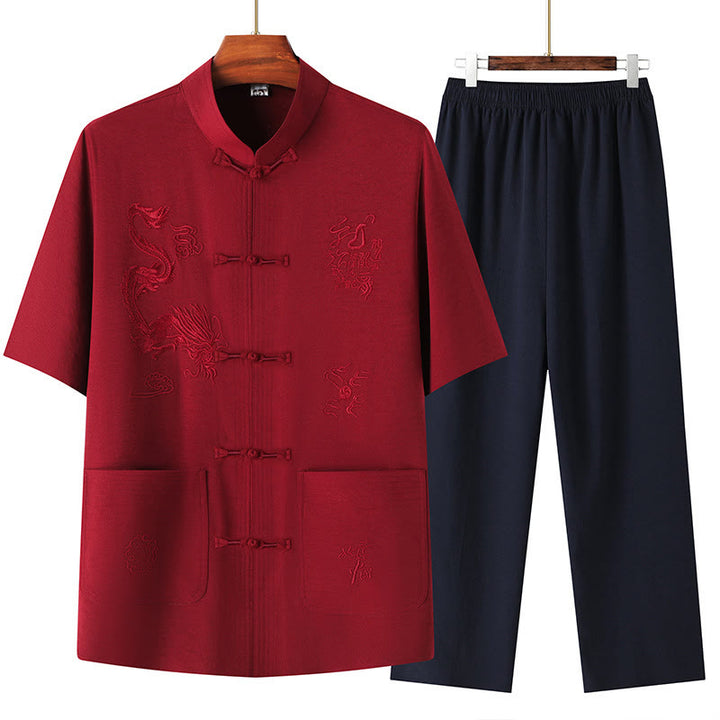 Buddha Stones Tang Suit Hanfu Chinese Dragon Traditional Kung Fu Uniform Short Sleeve Tops and Pants Clothing Men's Set