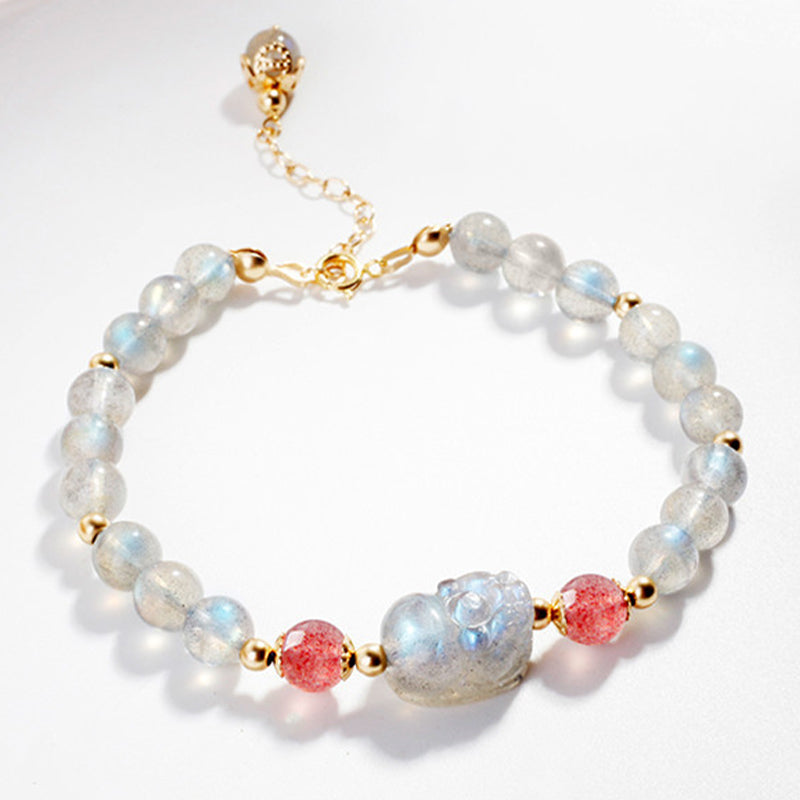 Buddha Stones Moonstone Strawberry Quartz PiXiu Healing Bracelet