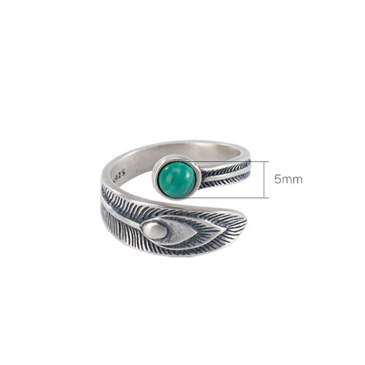 925 Sterling Silver Malachite Bead Feather Protection Ring