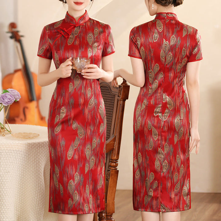 Buddha Stones Retro Flower Lotus Peony Feather Print Qipao Dress Women's Cheongsam Dress