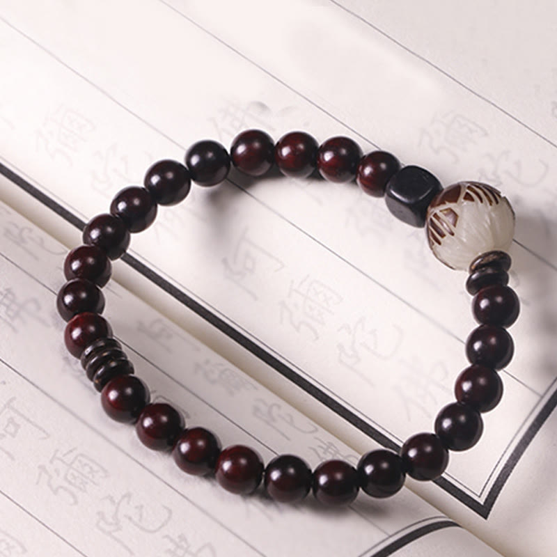 Buddha Stones Small Leaf Red Sandalwood Lotus Bodhi Seed Carved Protection Double Wrap Bracelet