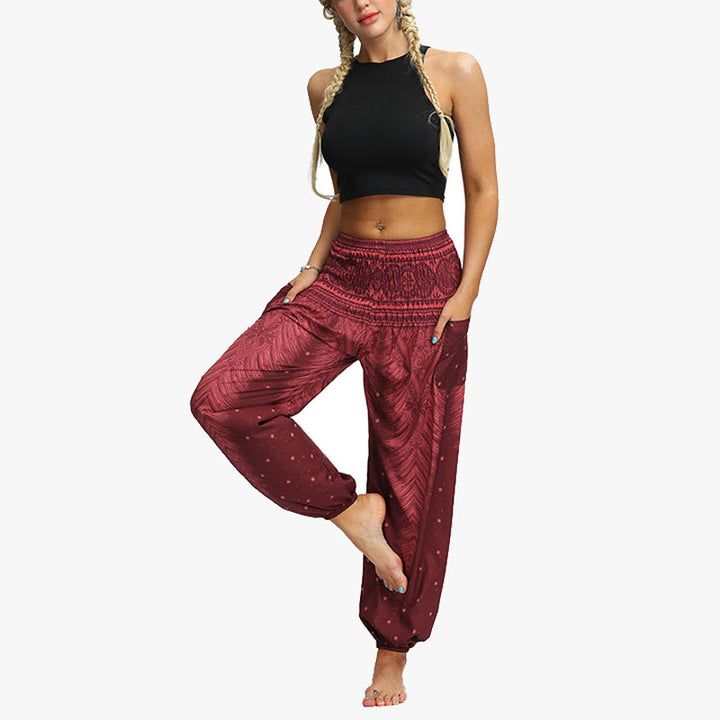 Buddha Stones Feather Print Hippie Baggy Trousers Boho High Waist with Pockets Women's Yoga Pants