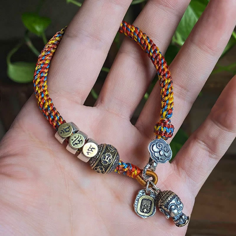 Buddha Stones Handmade Tibetan 925 Sterling Silver Chinese Zodiac Natal Buddha Zakiram Goddess of Wealth Protection Multicolored Rope Braided Bracelet