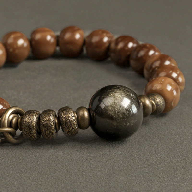 Buddha Stones Kuka Seed Tiger Eye Gold Sheen Obsidian Copper Wealth Luck Bracelet