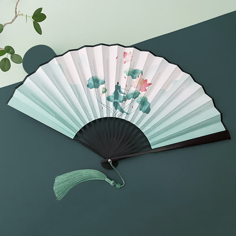 Buddha Stones Retro Lotus Flower Leaf Mountain Lake Handheld Folding Fan With Bamboo Frames