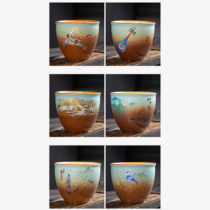 Buddha Stones Colorful Deer Pipa Snow Plum Blossoms Mountains Rivers Bird Ceramic Teacup Kung Fu Tea Cup Bowl