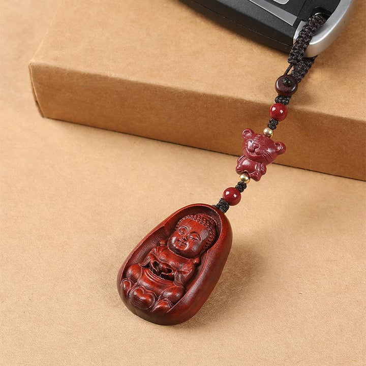 Buddha Stones Small Leaf Red Sandalwood Buddha Cinnabar Chinese Zodiac Amulet Protection Key Chain