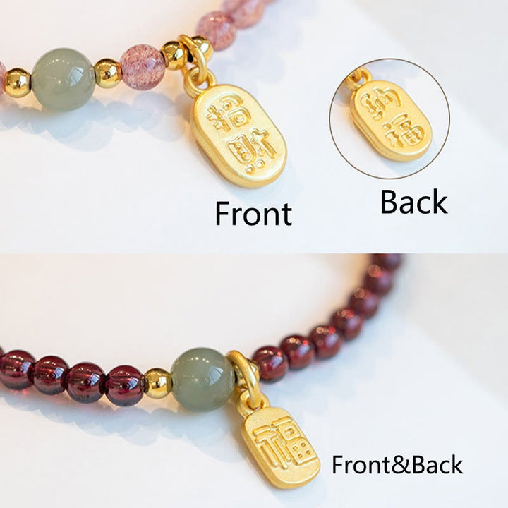 Buddha Stones Natural Strawberry Quartz Garnet Jade Lucky Fortune Fu Character Healing Charm Bracelet