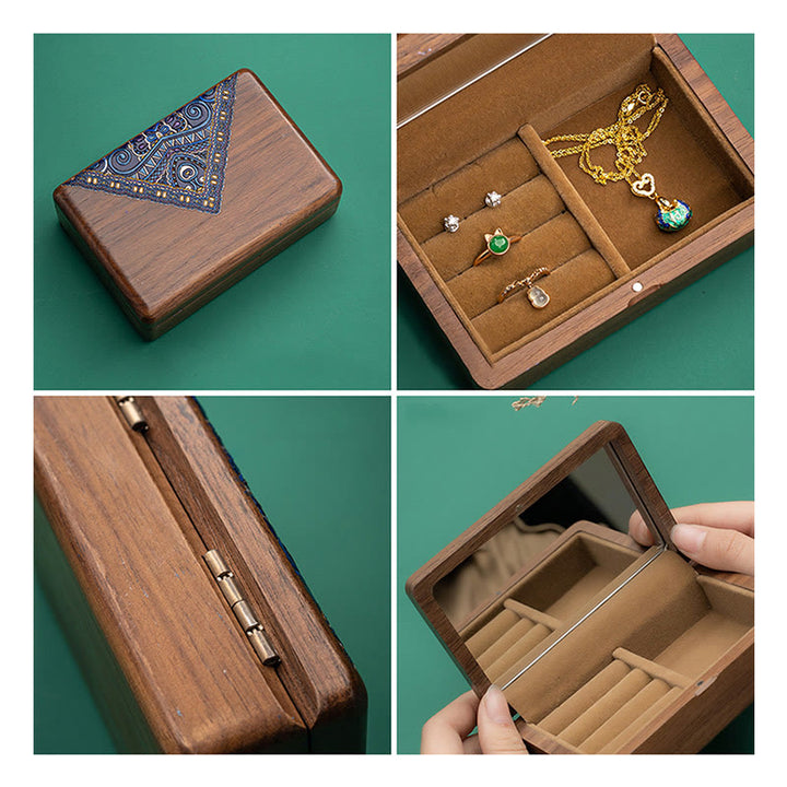 Vintage Handmade Black Walnut Wood Jewelry Storage Box With Mirror