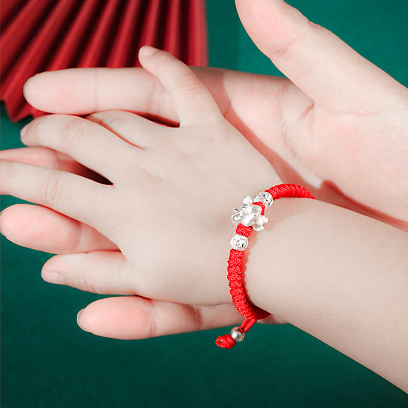 Buddha Stones 999 Sterling Silver Chinese Zodiac Red Rope Luck Handcrafted Kids Bracelet