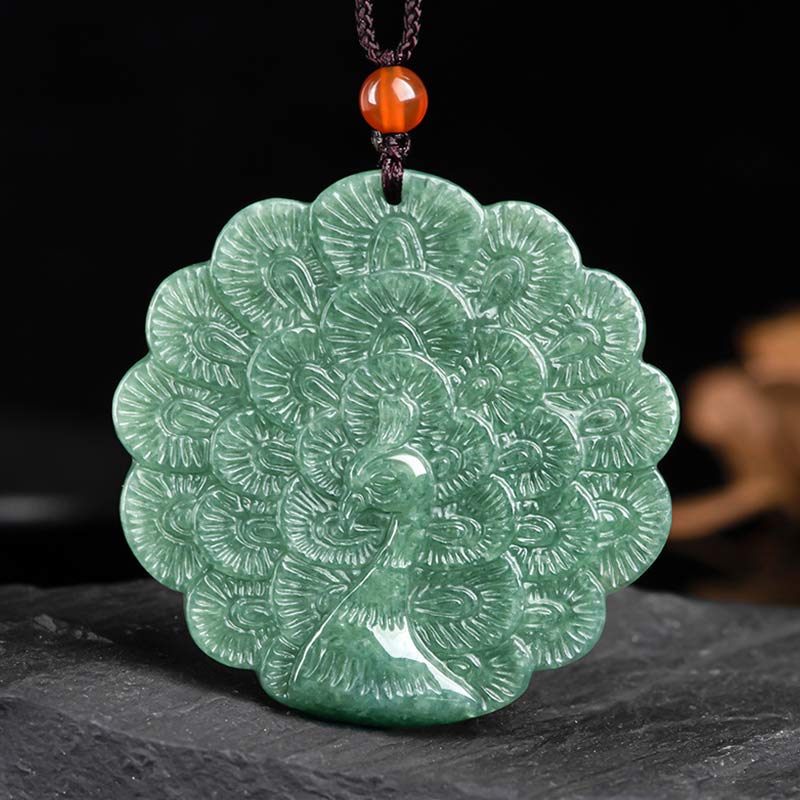 Natural Jade Peacock Luck Prosperity Necklace Pendant