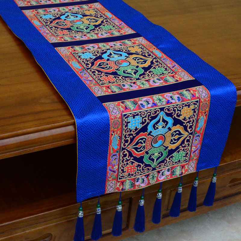 Prayer Altar Mat Man-Bcu Kalachakra Endless Knot Vajra Tibetan Auspicious Symbols Tassels Table Runner