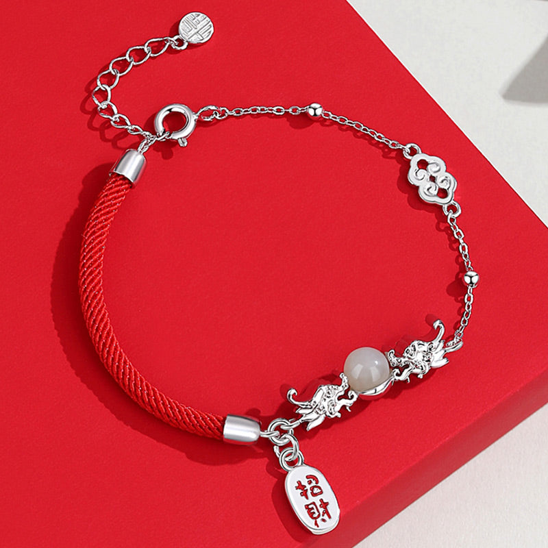 Buddha Stones Year of the Dragon 925 Sterling Silver Hetian Jade Attract Fortune Fu Character Luck Bracelet