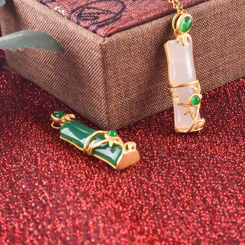 Buddha Stones White Jade Cyan Jade Bamboo Protection Necklace Pendant