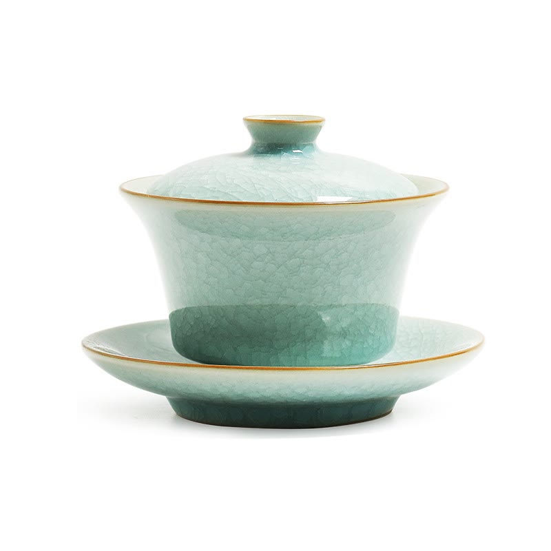 Buddha Stones Retro Green Ice Glaze Ceramic Gaiwan Sancai Teacup Kung Fu Tea Cup And Saucer With Lid