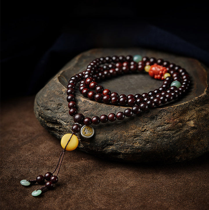 Buddha Stones Chinese Zodiac Natal Buddha 108 Mala Beads Small Leaf Red Sandalwood Red Agate PiXiu Protection Bracelet