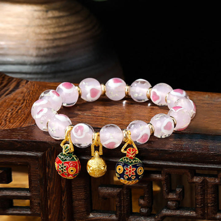 Buddha Stones Gold Swallowing Beast Family Pink Love Heart Luminous Fluorescent Liuli Glass Bead Bracelet