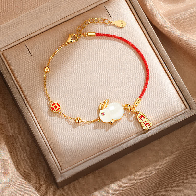 Buddha Stones Year of the Rabbit White Jade Happiness Red String Chain Bracelet