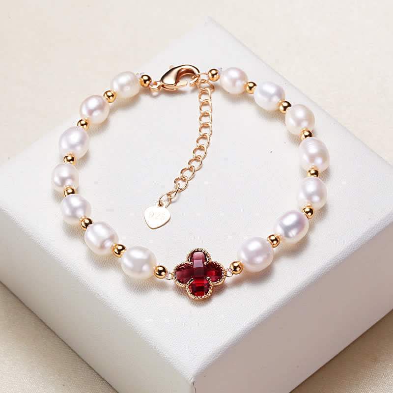 Buddha Stones Pearl Four Leaf Clover Wealth Chain Bracelet