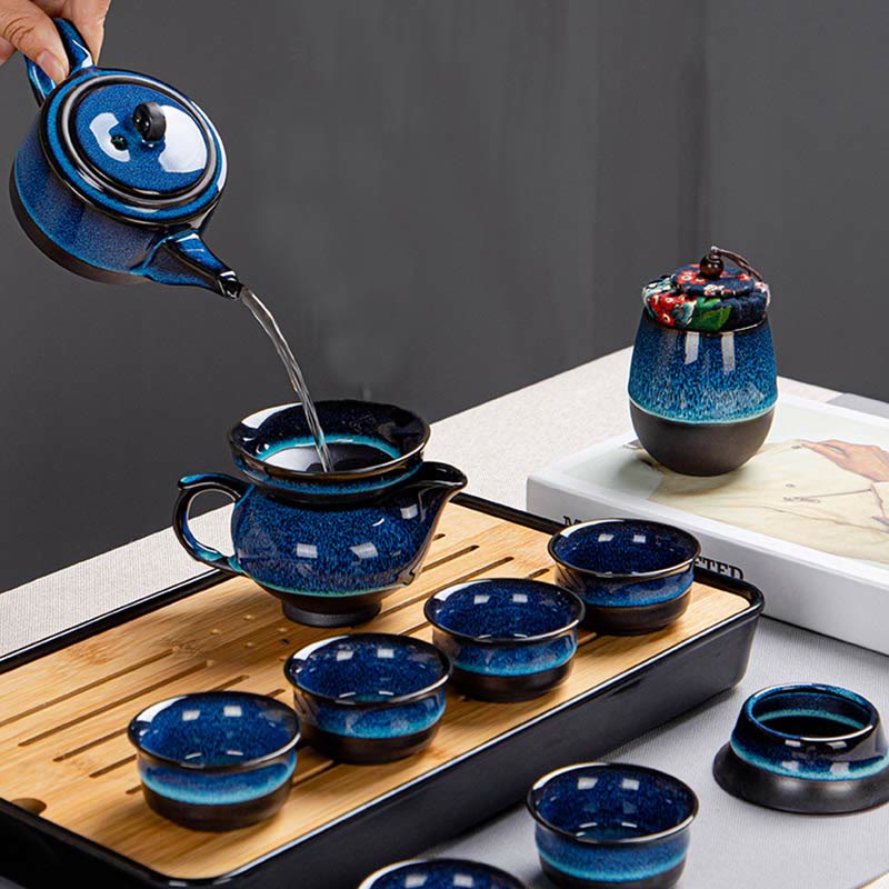 Blue Gradient Color Chinese Gongfu Tea Ceramic Teapot Portable Gift Bag Box Set