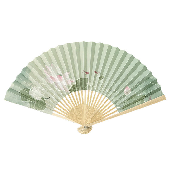 Buddha Stones Lotus Flowers Leaf Koi Fish Handheld Paper Bamboo Folding Fan